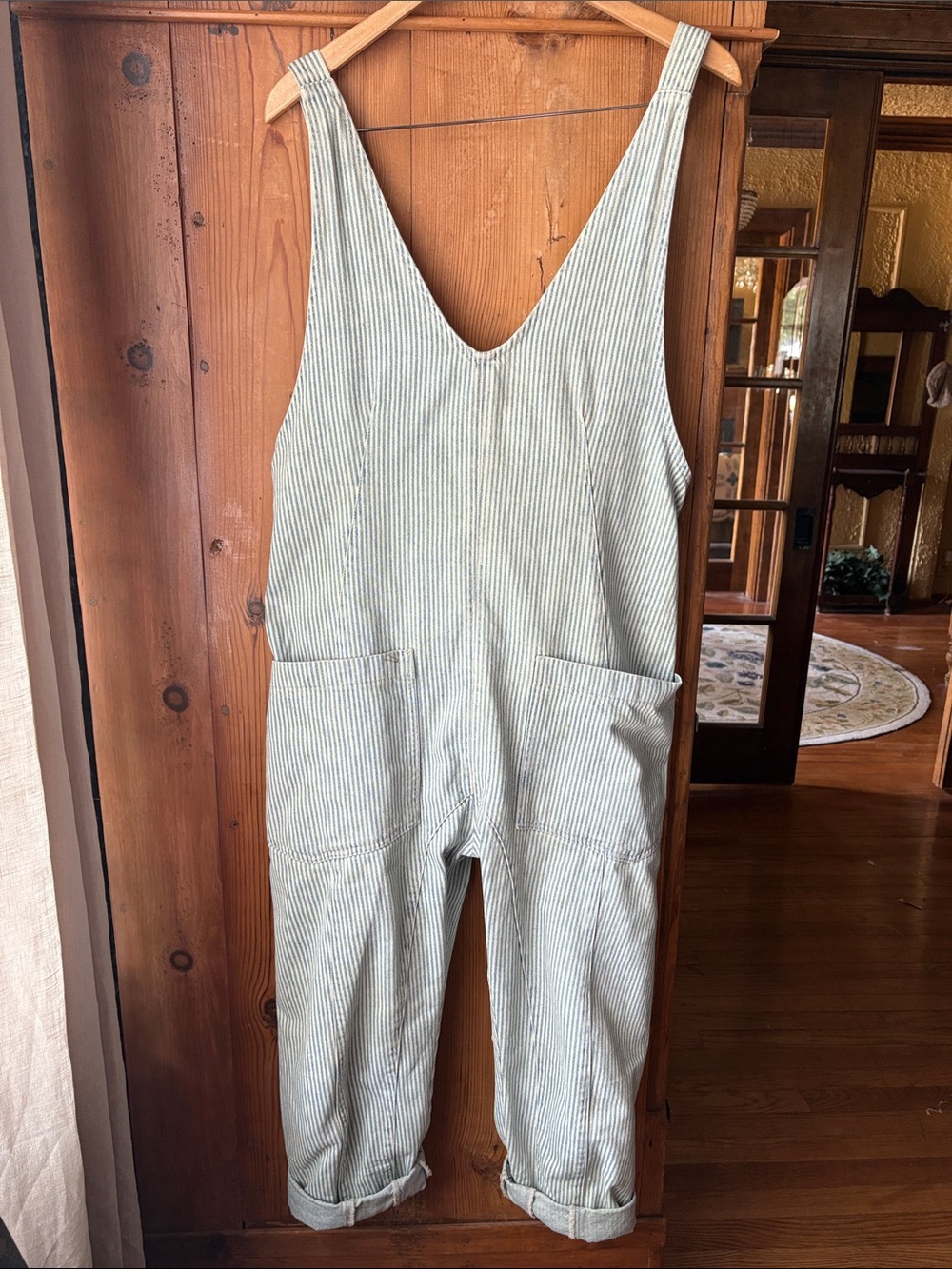 Free people Striped Cotton Overalls - Light Blue/White